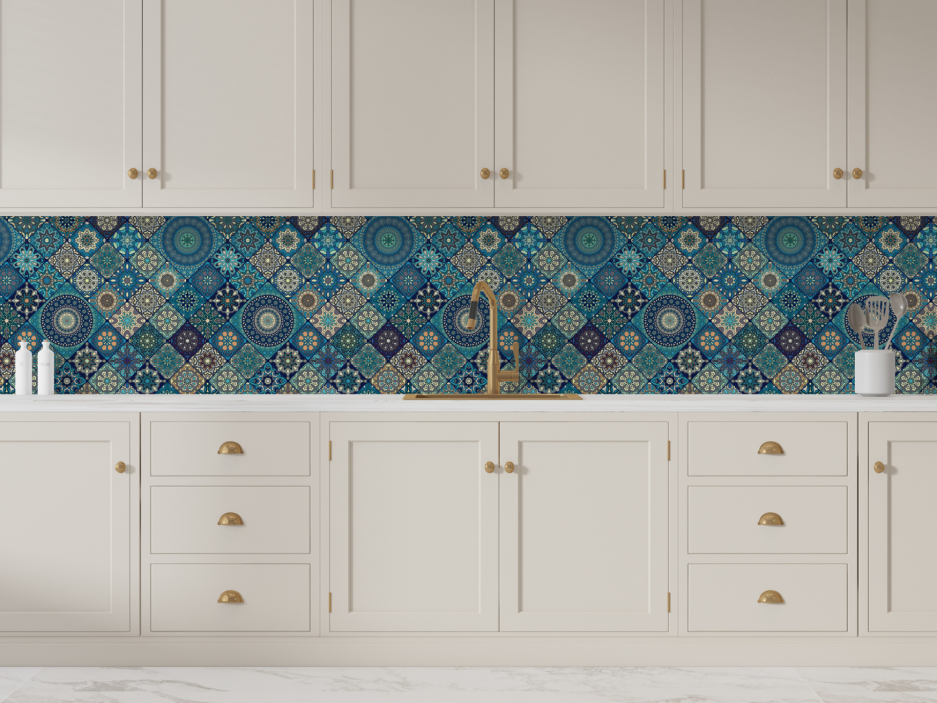 paraschizzi cucina maiolica blu