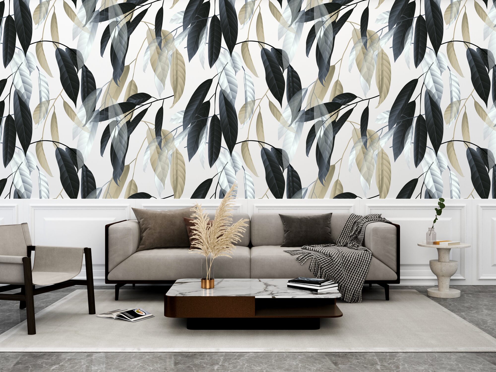 Carta da parati tropicale foglie nere e oro